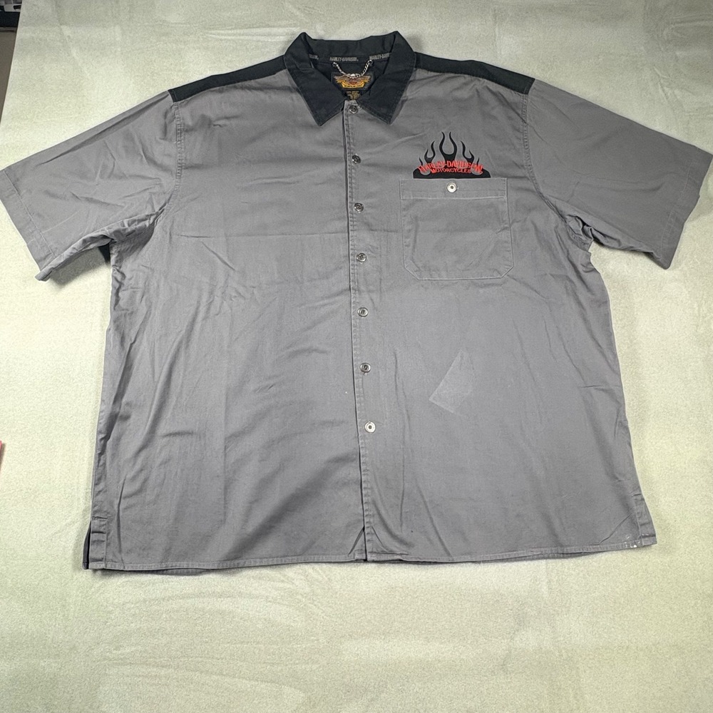 Harley-Davidson Mens XXXL Grey Black Flame Embroidered Button Up Shirt Y2K